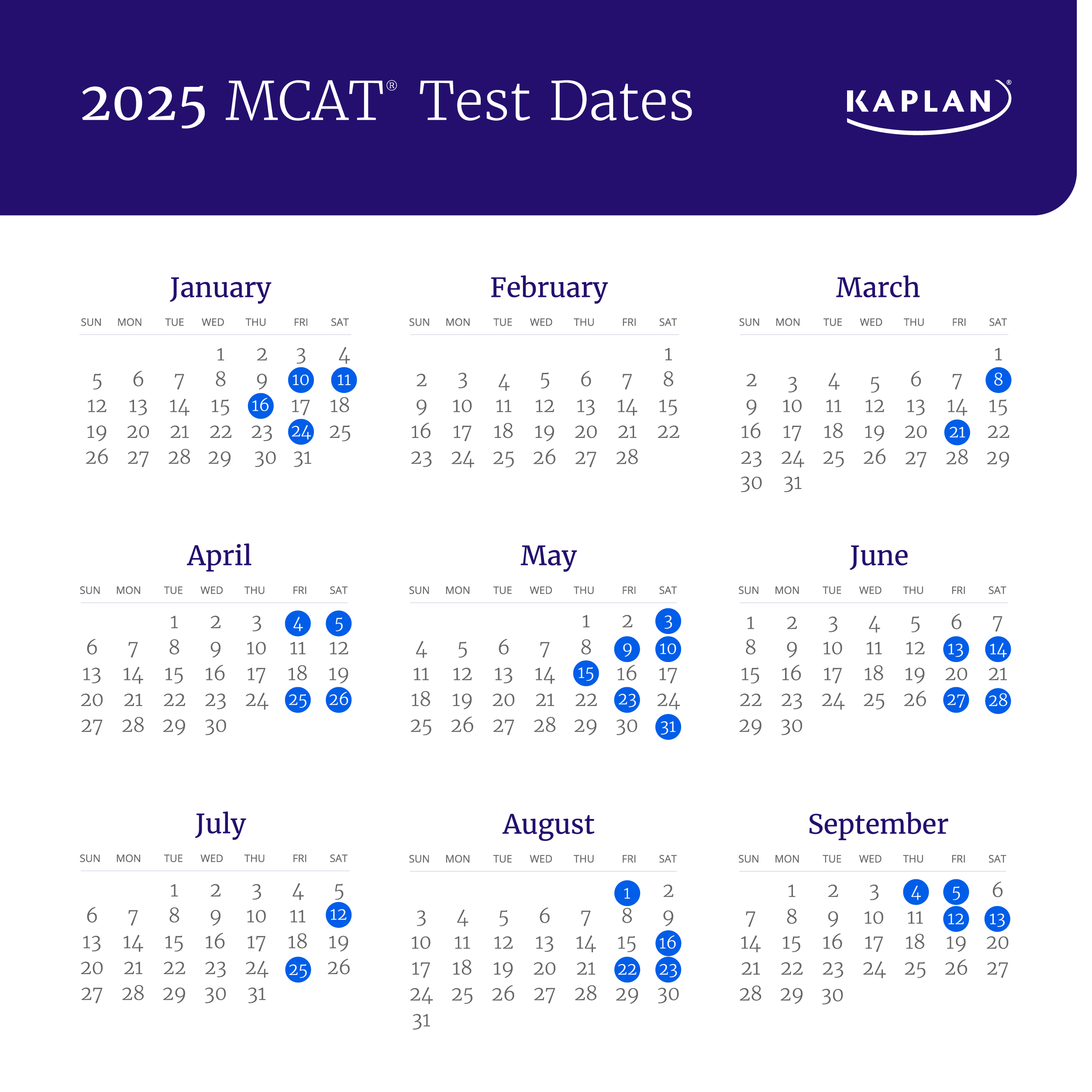 Calendar of 2025 MCAT test dates.