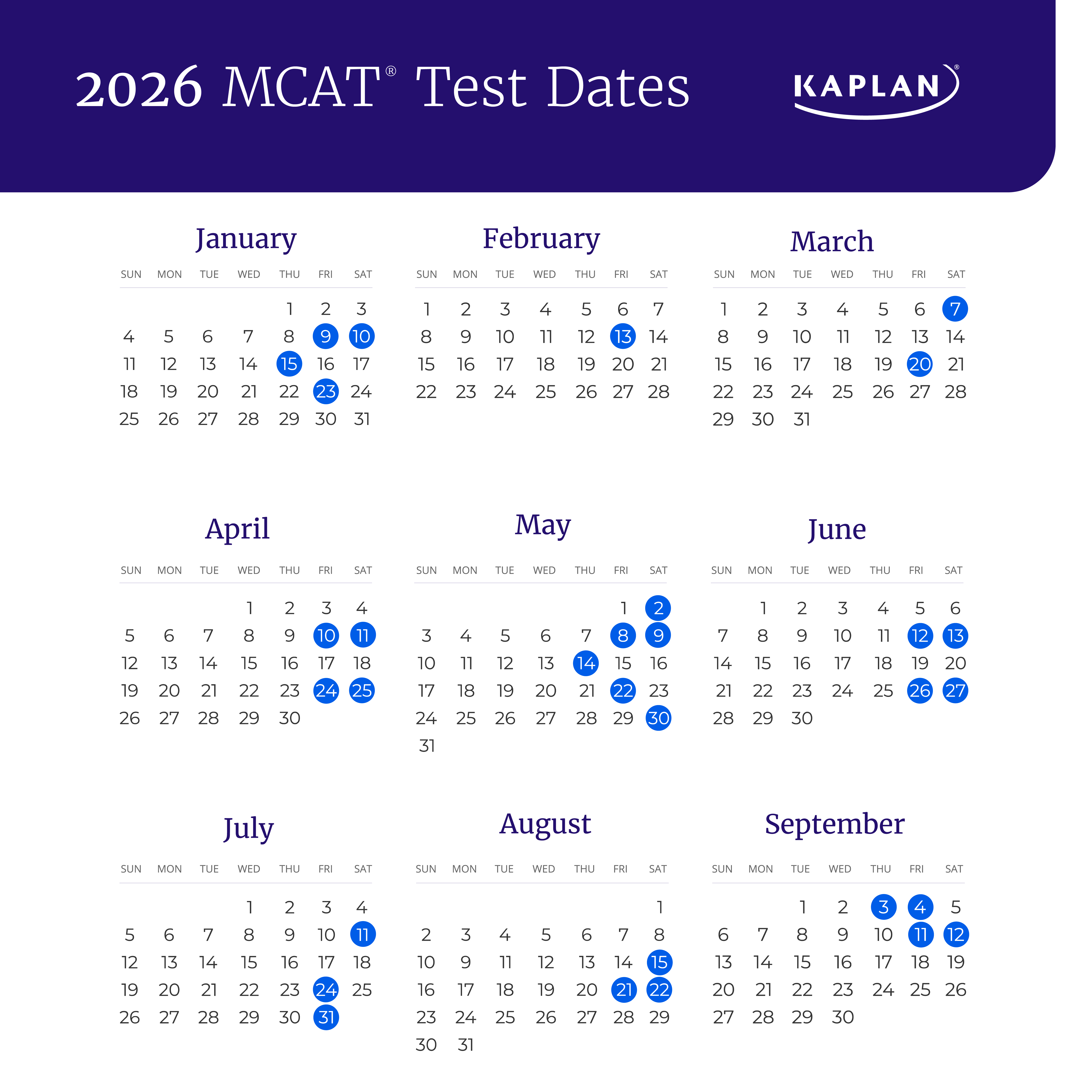 Calendar of 2026 MCAT test dates.