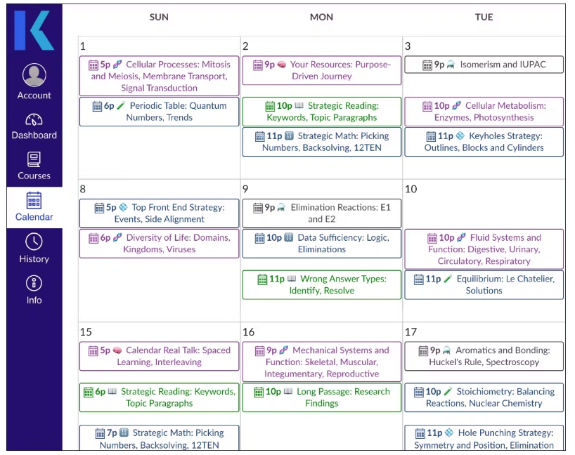 Example of a DAT study calendar included with Kaplan DAT tutoring.