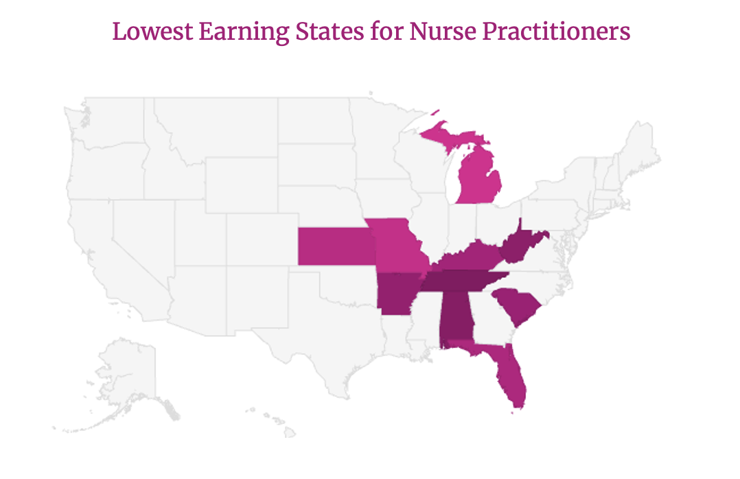Map with the lowest earning states for Nurse Practitioners.