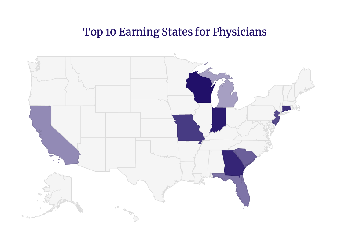 U.S. map showing the top earning states for physicians.